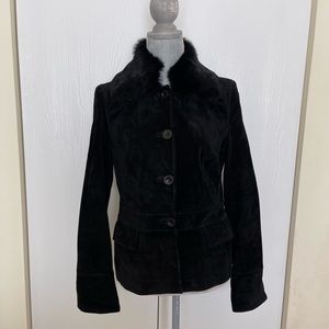 Black suede jacket rabbit fur collar